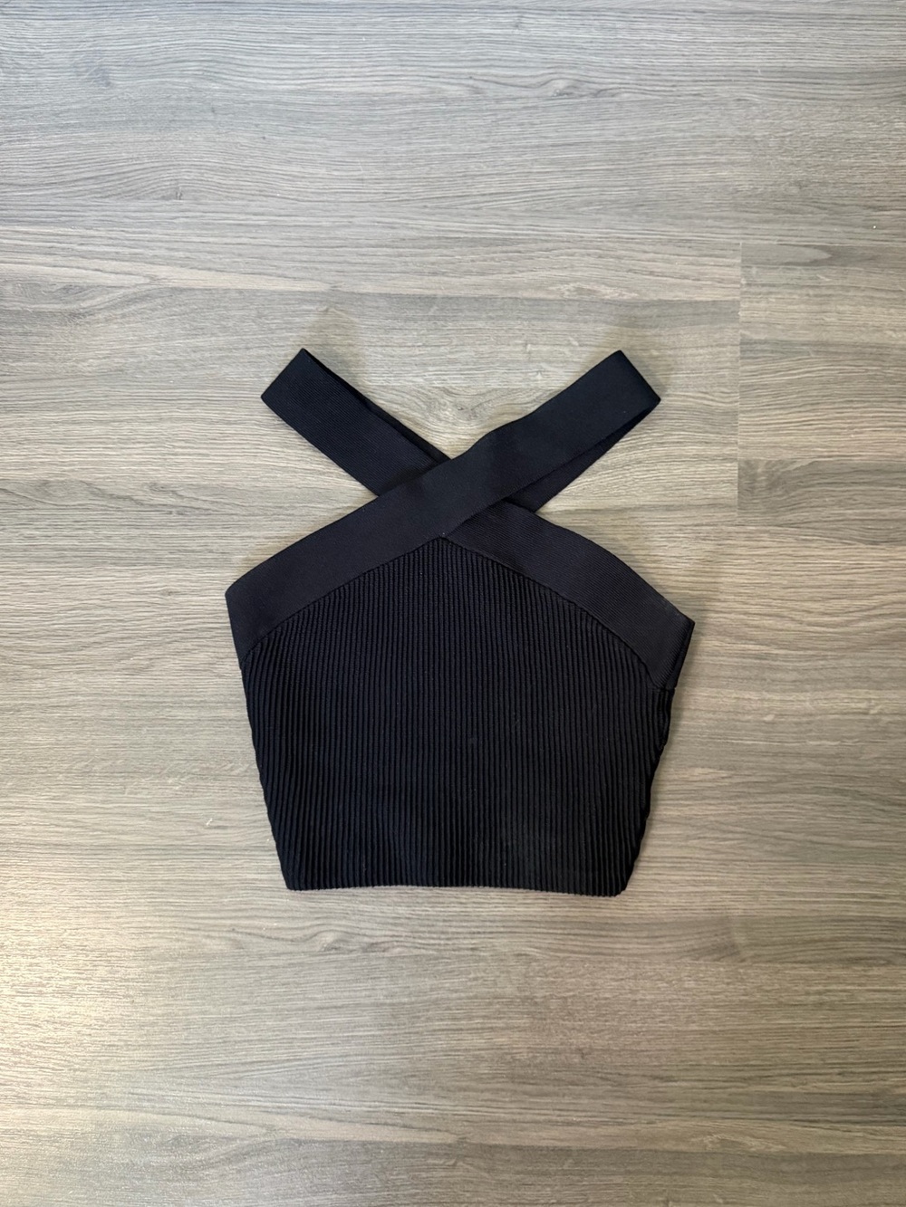 Aritzia Babaton Sculpt Knit Ribbed Knit Black Cross-Strap Crop Top